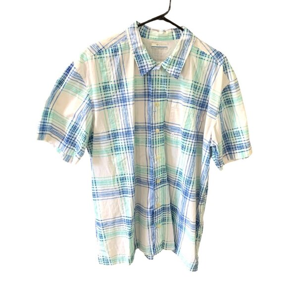 Columbia Mens Size Large Button Up Short Sleeve Blue Plaid Vented PFG Shirt Top - Picture 1 of 4